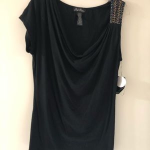 Black t-shirt top with beaded shoulder